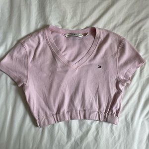 tommy hilfiger pink crop polo top